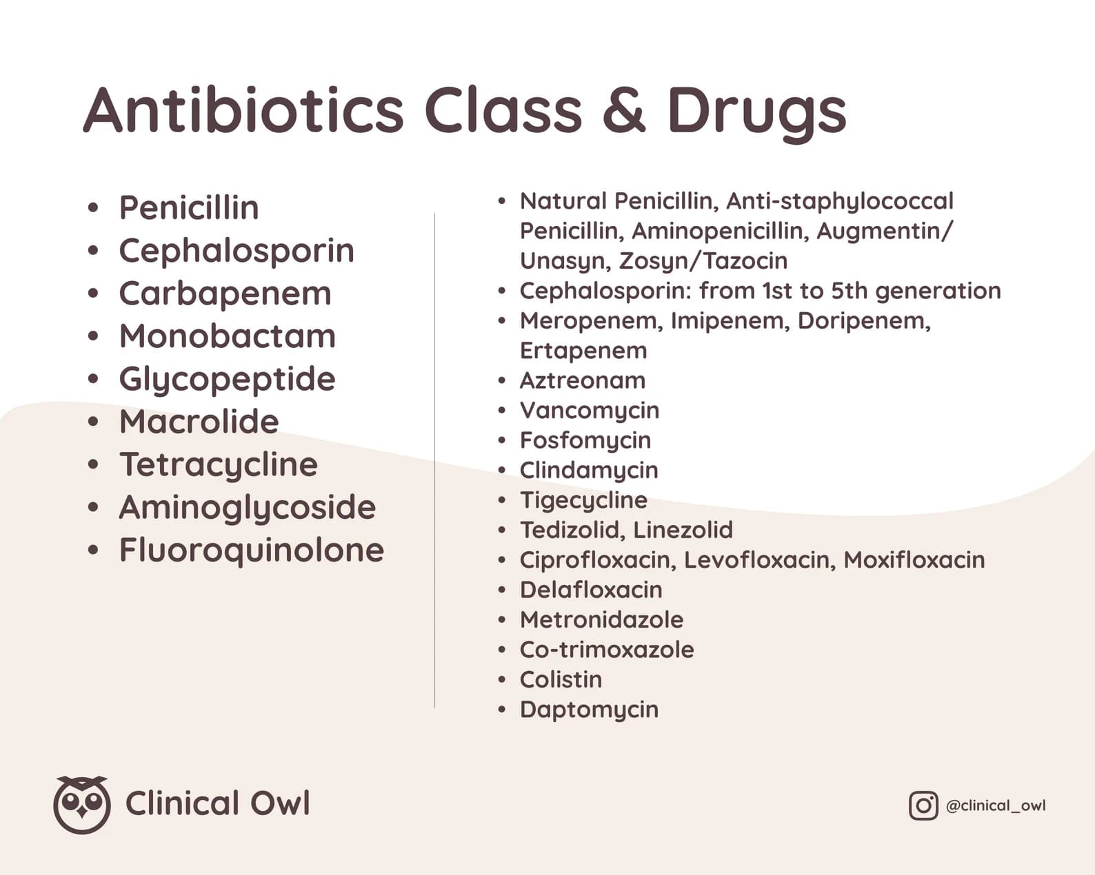 - Visualized and colorful way to memorize antibiotic spectrum
- Grouped by drug class for easy reference
- Bonus: Memory tips for Cephalosporin coverage between generations